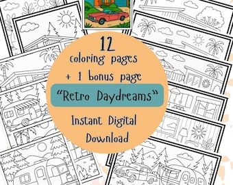Puede incluir: Un conjunto de 12 páginas para colorear más 1 página extra, con ilustraciones de temática retro. Las páginas incluyen imágenes de casas, coches y escenas de camping. El texto de la imagen dice "Retro Daydreams" y "Instant Digital Download".