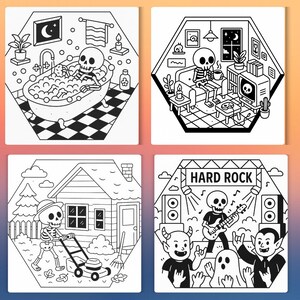 May include: Four black and white illustrations featuring a skeleton in various settings. One shows a skeleton in a bathtub, another relaxing on a couch, a third mowing a lawn, and the last playing guitar on a stage with the text "HARD ROCK".