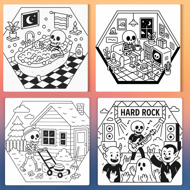 May include: Four black and white illustrations featuring a skeleton in various settings. One shows a skeleton in a bathtub, another relaxing on a couch, a third mowing a lawn, and the last playing guitar on a stage with the text "HARD ROCK".