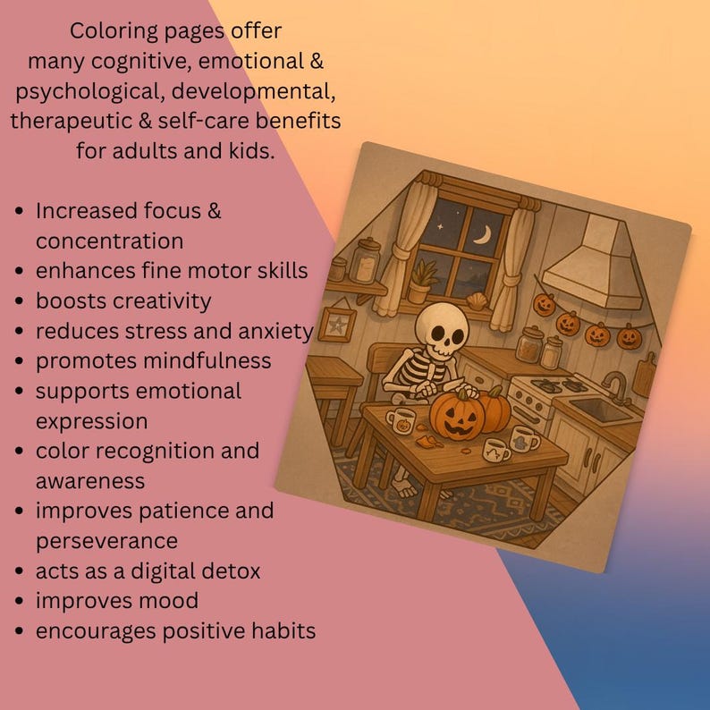 May include: A coloring page illustration featuring a skeleton carving a pumpkin in a kitchen, with Halloween decorations. Text lists benefits of coloring for adults and kids, including increased focus and creativity.