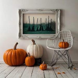 Witch Broom Lineup Digital Art Print | Halloween Witch Decor | Spooky Printable Wall Art | Rustic Broomstick Witchcore Artwork Download fall