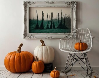 Witch Broom Lineup Digital Art Print | Halloween Witch Decor | Spooky Printable Wall Art | Rustic Broomstick Witchcore Artwork Download fall