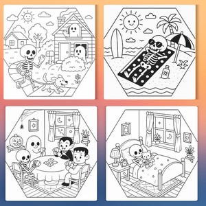 May include: Four black and white Halloween-themed illustrations in hexagonal frames. One shows a skeleton walking a dog, another a skeleton sunbathing, a third shows a card game, and the last shows a skeleton in bed with a teddy bear.