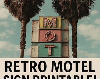 Impresión artística digital con letrero de motel retro • Arte mural de palmera vintage • Decoración nostálgica de carretera horizontal imprimible colorida de mediados de siglo de moda