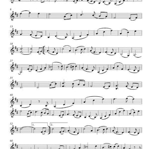 May include: Musical score for Violin 1, labelled "Ashokan Farewell." Black musical notation is set against a white backdrop with horizontal lines. The title, in bold black font, is at the top. The score features various musical symbols.