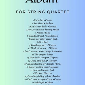 May include: A wedding album cover with the title "Wedding Album" in a stylized font. The text "FOR STRING QUARTET" is below the title. A list of 28 songs follows, including "Canon," "Ave Maria," and "Beauty and the Beast."
