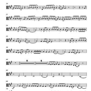Peut inclure: Partition musicale en noir et blanc pour alto, intitulée "Wagon Wheel". La partition présente plusieurs lignes de notes, de silences et de symboles musicaux. Le tempo est indiqué à 148 battements par minute.