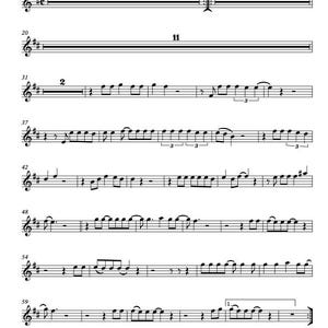 May include: Sheet music for Violin 1 of "Hotel California." The black and white musical score features treble clef notation, with measures and musical symbols. The title is prominently displayed at the top.