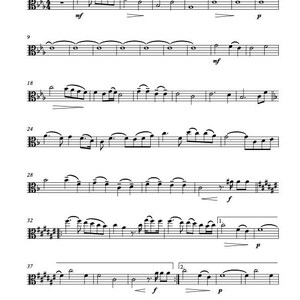 May include: Sheet music for viola, titled "You raise me up," for a duo. The music notation is black on a white background, with musical symbols, notes, and dynamic markings like "mf" and "p."