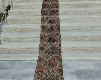 Handwoven Wool Oushak Stair Runner Rug: 1.10x20.6 ft, Vintage Turkish Hallway Rug