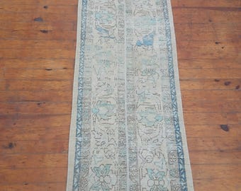 Vintage Turkish Runner Rug: Faded Patchwork Wool Hallway Rug (1.10x6 ft)
