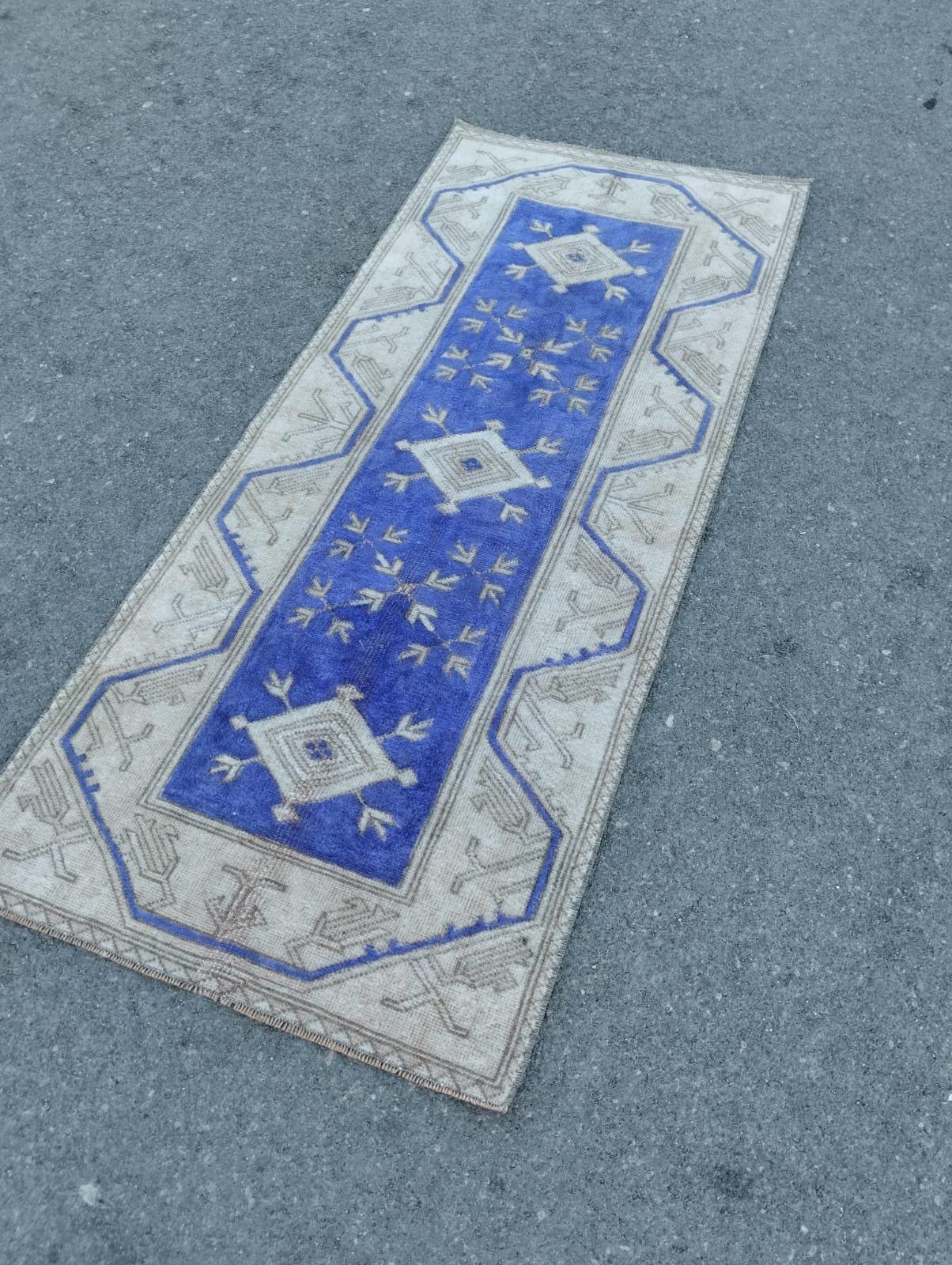Vintage Turkish Runner Rug: Oushak Wool Hallway Rug, Blue & Beige 2.5x5.8 ft