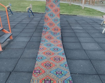 Handmade Turkish Wool Runner Rug: Bohemian Hallway Decor (2.1x18.5 ft)