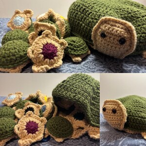 May include: A collection of crocheted turtle plushies in various sizes. The turtles are made with green, brown, and beige yarn. Some of the turtles have a flower-shaped design on their shells.