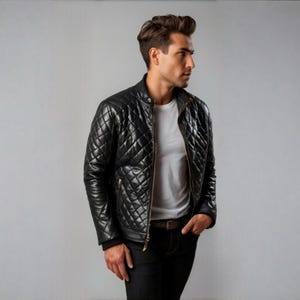 Men’s Quilted Black Leather Jacket – Stylish Biker Jacket, Handmade Genuine Leather Outerwear, Slim Fit Leather Coat, Custom Leather Apparel