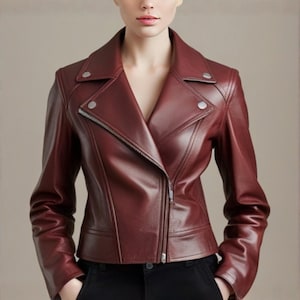 Women&#39;s Maroon Leather Biker Jacket – Genuine Leather Moto Jacket – Fitted Cropped Style – Fall/Winter Fashion – Handmade Gift for Her