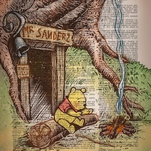 Pooh&#39;s House - art print on upcycled vintage dictionary page - authentic vintage pages - original digital art