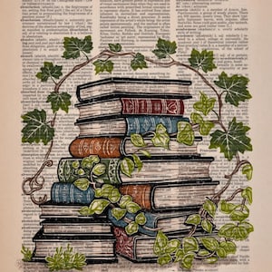 May include: A stack of vintage hardcover books with green ivy growing around them. The books are arranged in a pile, with the top book being the largest. The books are all different colors and have different titles. The background is a vintage dictionary page with the word "absolute scale" at the top.