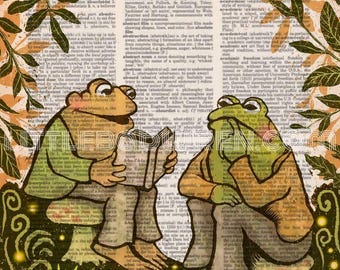 Frog & Toad - hand-drawn, digital art printed on up-cycled vintage dictionary page