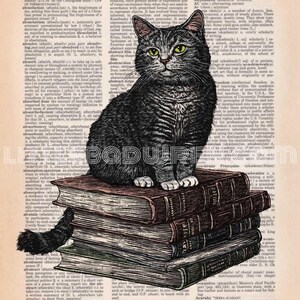 Tigre gris sobre pila de libros - lámina artística sobre página de diccionario antiguo reciclada - páginas antiguas auténticas - arte digital original