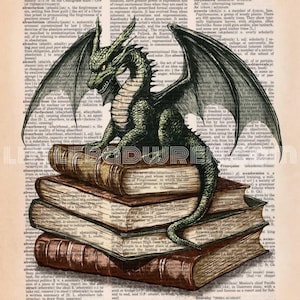 BookStack w/ Dragon - hand-drawn, digital art printed on up-cycled vintage dictionary page