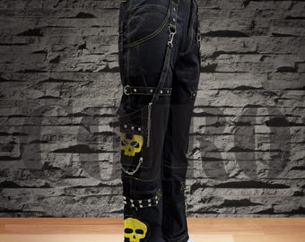 Men's Gothic Threads Reflective Pant Skull chain gothic pant Black Punk Buckle Zips Chain Strap Punk Trousers with understated Gothic Pants,