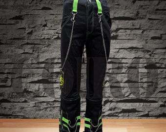 Men's Gothic Threads Reflective Pant Black Punk Buckle Zips Chain Strap Punk Trousers with understated Gothic Pants,Biohazard zip off Pant