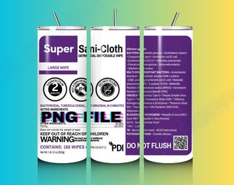 Plantilla de vaso delgado SaniCloth de 20 oz, sublimación para atención médica, descarga de archivo PNG, diseño de vaso listo para usar, envoltura divertida para enfermeras, toallita morada