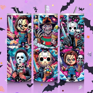 20oz Horror Movie Villains Tumbler Freddy vs. Jason, Michael Myers, Chucky Cute horror themed cup Gift for horror fan scary movie lovers