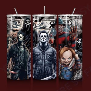 20oz Horror Movie Villains Tumbler Freddy, Michael Myers, Jason, Chucky, Scary Halloween Gift, Horror Fan Drink Gift Halloween Cup