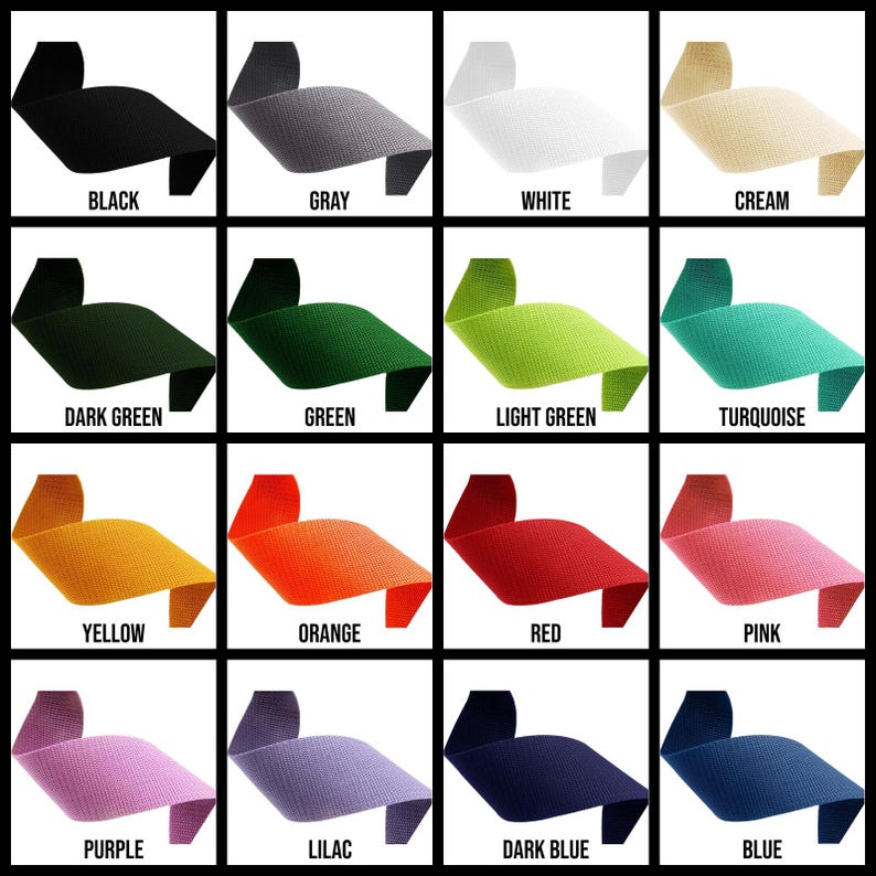 May include: A grid of sixteen fabric swatches in various colors, each labeled with its color name. Colors include black, gray, white, cream, dark green, green, light green, turquoise, yellow, orange, red, pink, purple, lilac, dark blue, and blue.