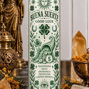 May include: A tall cylindrical glass candle with a lit wick, featuring green printed graphics including a sun, a four-leaf clover, a cornucopia with coins, and an eye. The text reads BUENA SUERTE, GOOD LUCK, PROSPERIDAD, ÉXITO, ABUNDANCIA, PROTECCIÓN, and CAMINOS ABIERTOS.