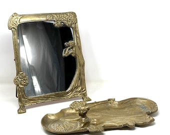 Art Nouveau Style Brass Mirror and Tray