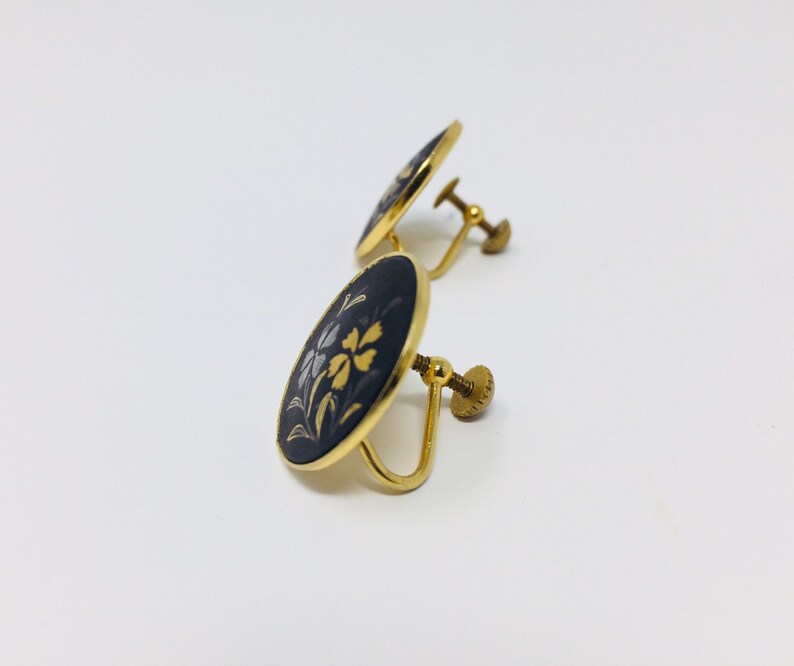 Vintage 1950s Amita Japan Damascene Screwback Earrings