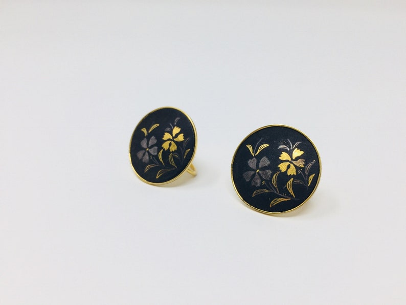 Vintage 1950s Amita Japan Damascene Screwback Earrings