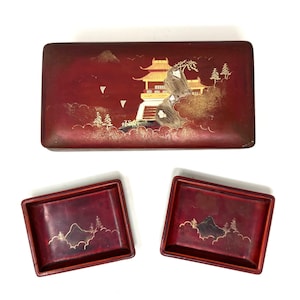 Vintage Japanese Ceramic Laquered Box and Trays