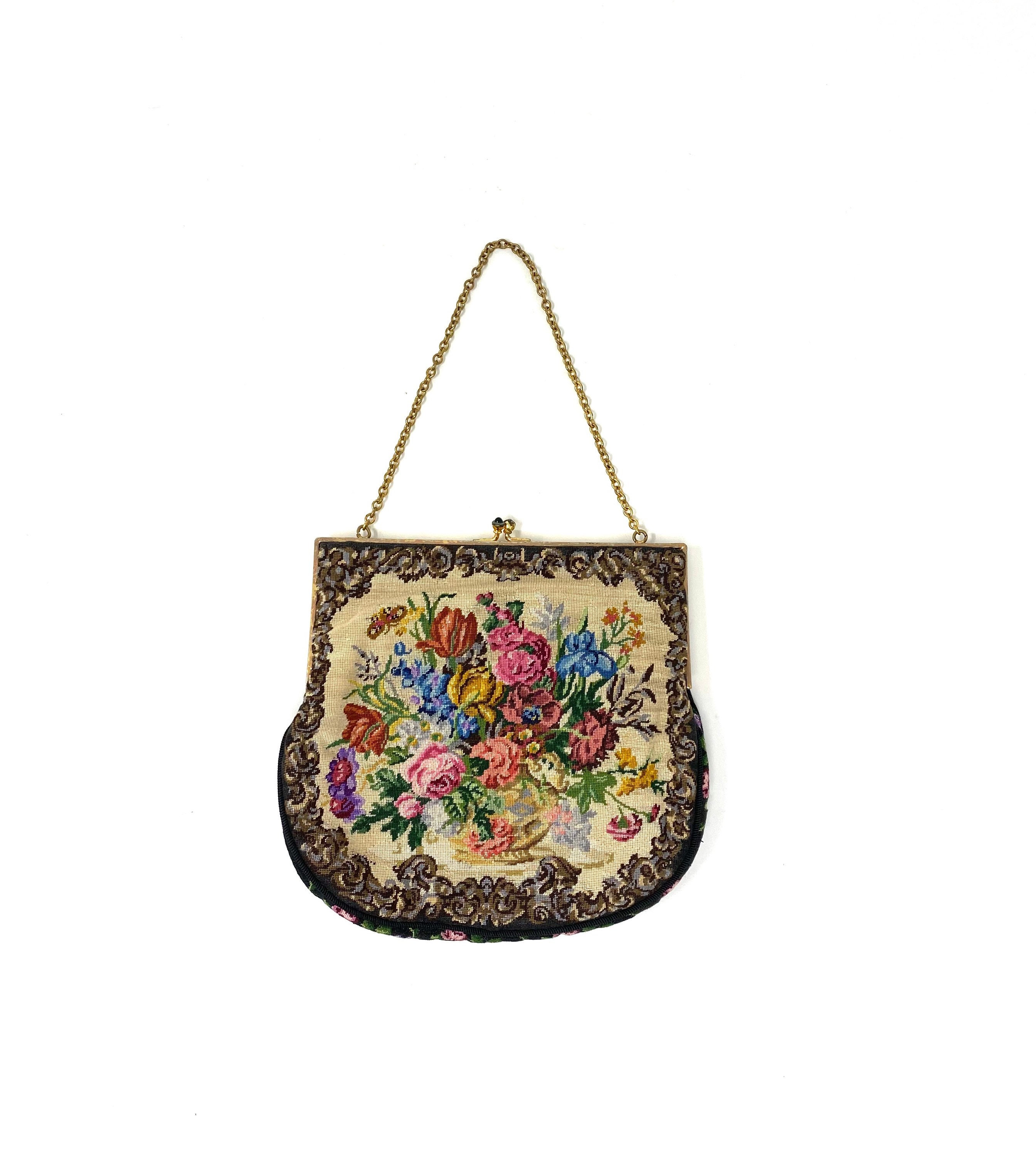 Vintage Austrian Petit Point Evening Bag, Petit Point Kiss