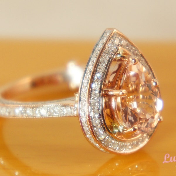 Sale - Ready to ship - The Pear Alencon lace Sparkler - Morganite and diamond 14k rose gold engagement or wedding ring pave and milgrain