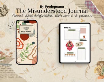 May include: A digital planner with a colorful abstract design on the cover. The planner is open to a page with the text "MOIS DE" and a section for monthly planning. The planner is titled "The Misunderstood Journal" and is described as a "Planner digital d'organisation professionnel et personnel".