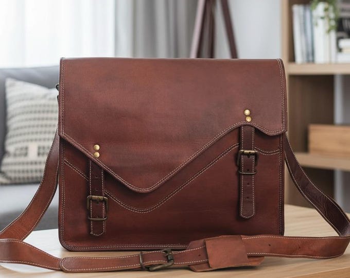 Featured listing image: Handmade Leather Messenger Bag – Vintage Brown Crossbody Satchel for Men & Women, Laptop Briefcase Shoulder Bag, Work Office Gift