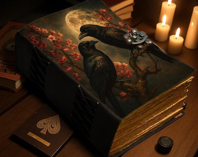 Featured listing image: Raven Couple Leather Journal Blank Spell Book of Shadows Grimoire Gothic with Full Moon & Cherry Blossoms Witchcraft Vintage Lock Journal