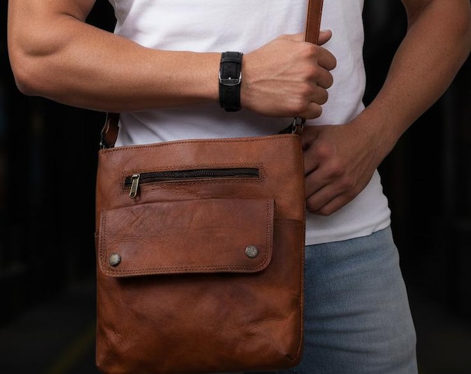Featured listing image: Handmade Leather Tote Crossbody Bag – Vintage Brown Shoulder Satchel for Men & Women, Small Messenger Bag, Everyday Travel Purse Gift
