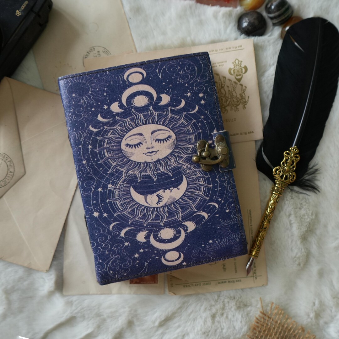 Celestial Sun & Moon Leather Journal With Lock: Wiccan Grimoire ...