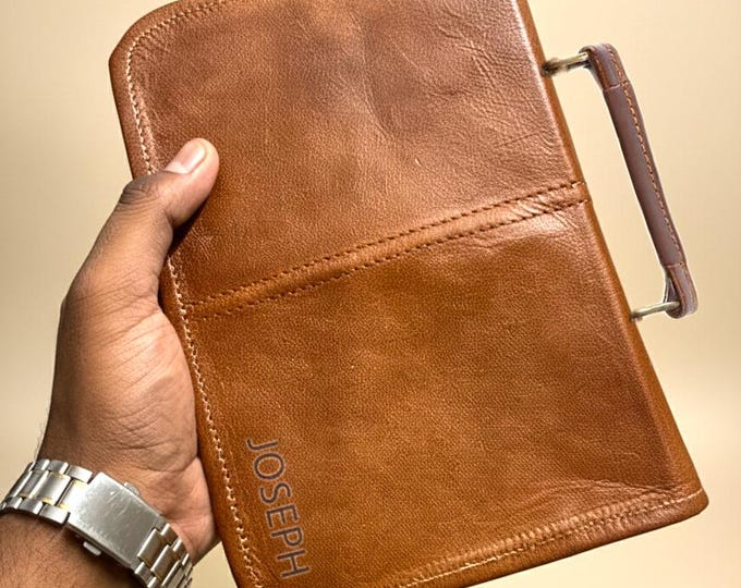 Featured listing image: Handmade Leather Bible Bag | Personalized Christian Gift | Crossbody Satchel | Fits Small Medium Large XL Bibles | Engraved Cover Case