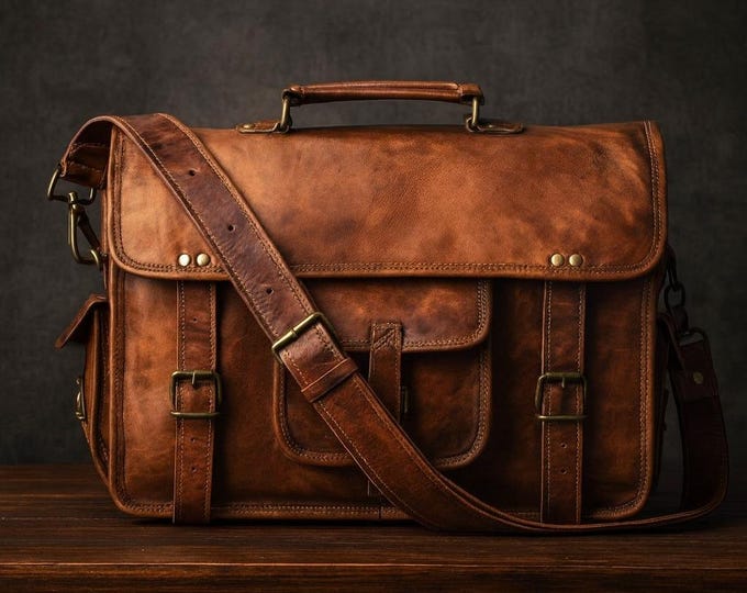 Featured listing image: Handmade Leather Messenger Bag – Vintage Laptop Satchel Briefcase, Rustic Brown Shoulder Bag, Travel Gift for Husband Father Boss