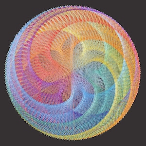 May include: A circular string art piece with a rainbow of colors. The strings are woven together to create a complex pattern of overlapping circles.