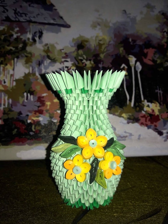 3d Origami Decorative Vase With Quilling Flowers Etsy