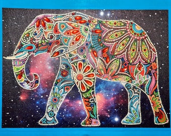 Gems painting Elephant, glows in dark. Framed, glass