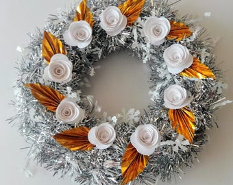 3d origami flower wreath 10" silver