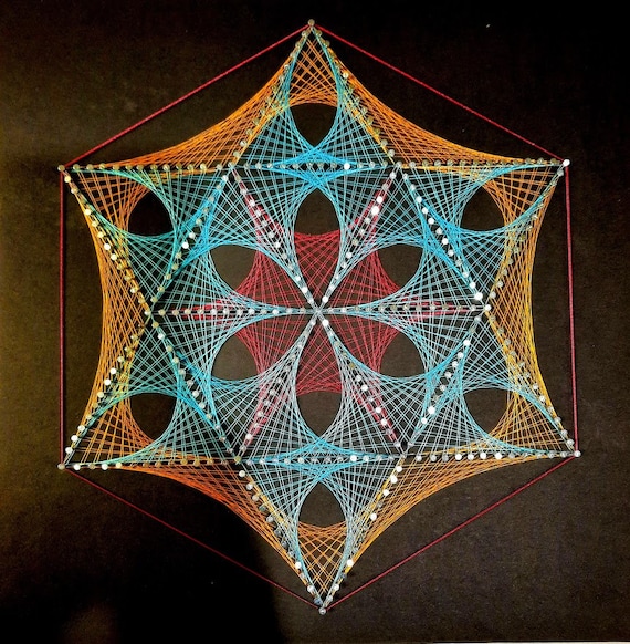 RUKURUKU絵画３点 String Art Sacred Geometry 3 on Black, Zen String Art, Wall